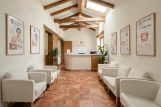 Salle d'attente d'un cabinet dentaire moderne dans l'Hérault, avec mobilier contemporain blanc et accents méditerranéens