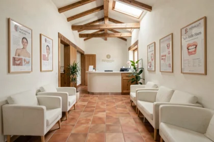 Salle d'attente d'un cabinet dentaire moderne dans l'Hérault, avec mobilier contemporain blanc et accents méditerranéens