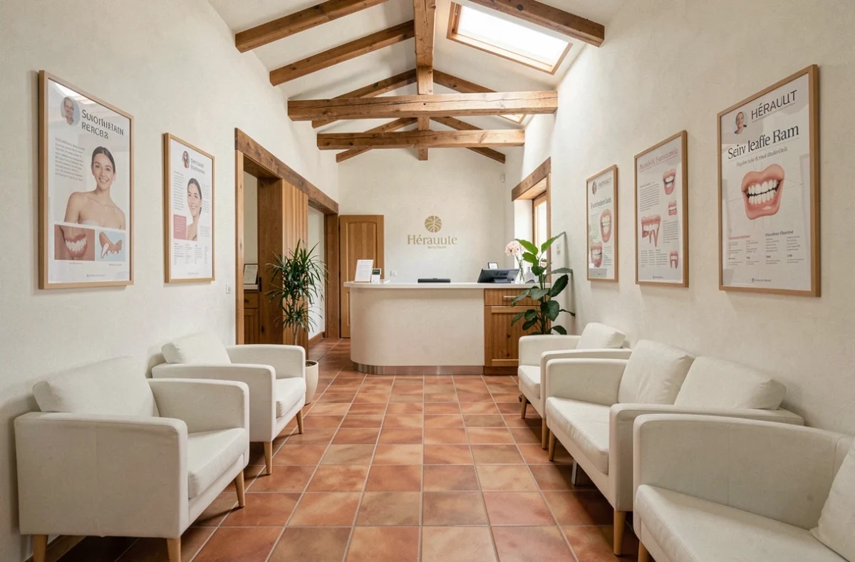 Salle d'attente d'un cabinet dentaire moderne dans l'Hérault, avec mobilier contemporain blanc et accents méditerranéens