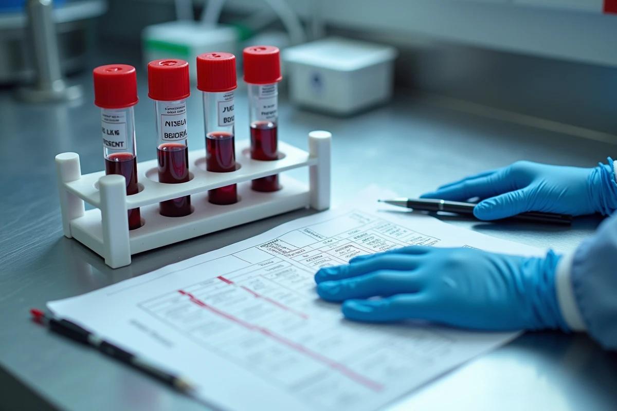 Tubes de sang et formulaire de résultats de groupe sanguin sur un plan de travail de laboratoire médical