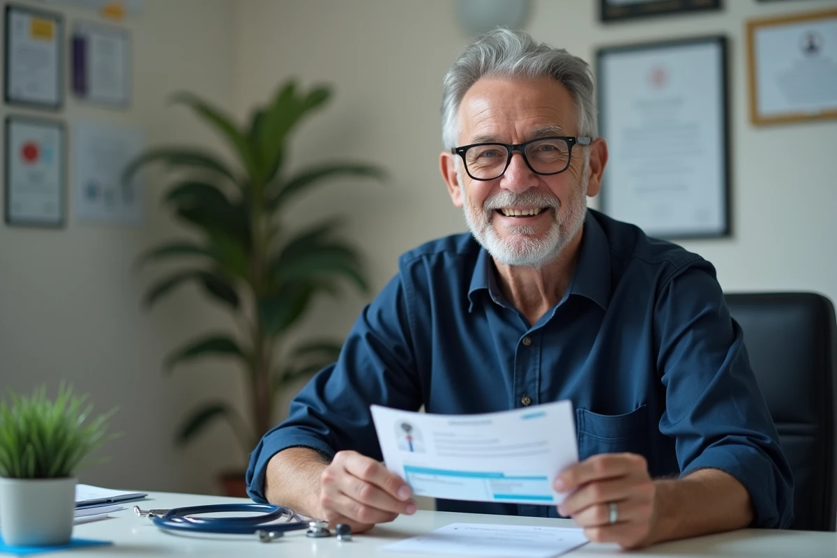 Un homme âgé tient sa carte vitale et une ordonnance pour le vaccin contre le zona chez son médecin généraliste