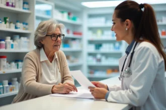 Une femme âgée consulte une pharmacienne au comptoir d'une pharmacie au sujet du remboursement du vaccin contre le zona